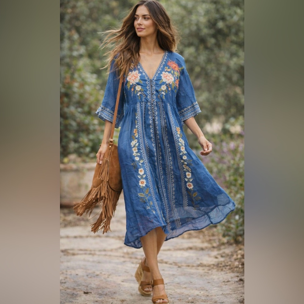 Johnny Was Nalina Kimono Dress L Blue Floral Embroidered Boho Ramie W37123-2
